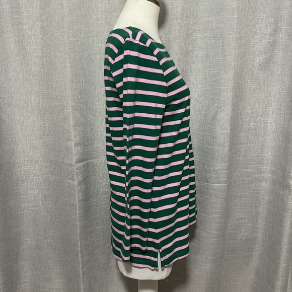 J Crew Crew Neck Shirt-3/4 Sleeve-Sz M-Cotton-Pink/Green Striped-Notched sides - Picture 8 of 13